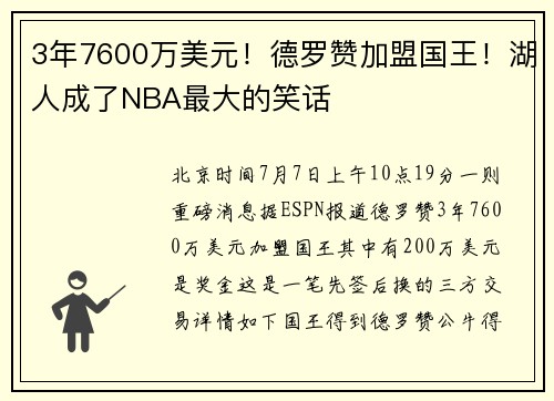 3年7600万美元！德罗赞加盟国王！湖人成了NBA最大的笑话